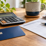 An unbranded credit card, calculator and payment-planning paperwork
