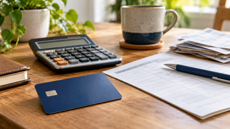 An unbranded credit card, calculator and payment-planning paperwork