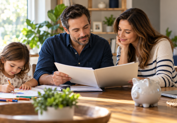 A family reviewing household plans at a table