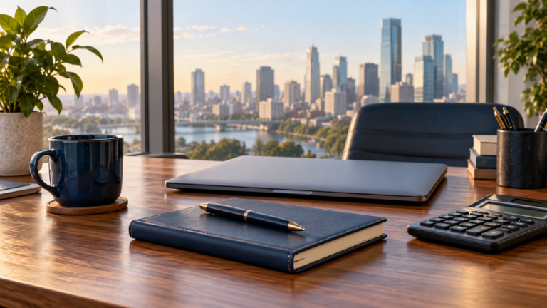 A laptop, calculator and notebook beside an office window