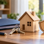A wooden model house, shield, keys and household documents