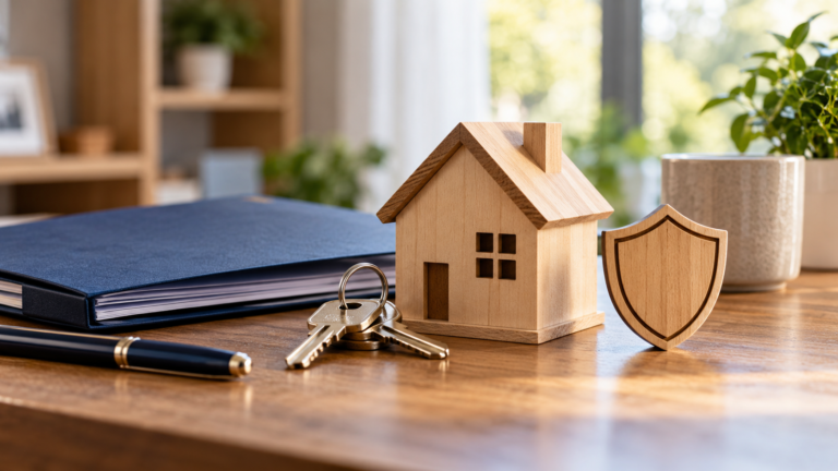 A wooden model house, shield, keys and household documents