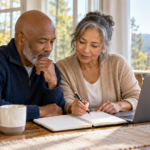 A mature couple reviewing a financial planning notebook together