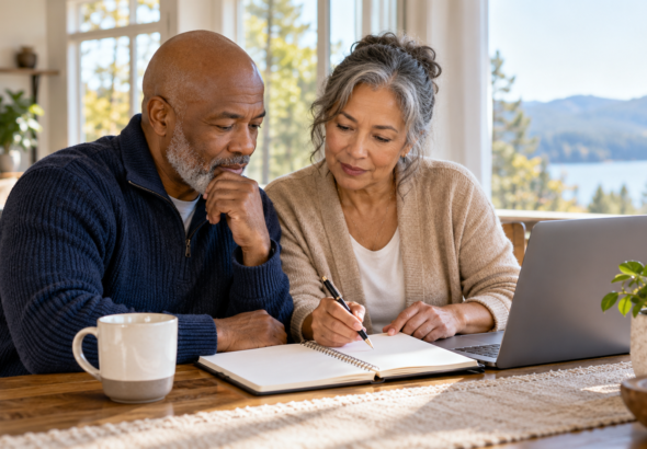 A mature couple reviewing a financial planning notebook together