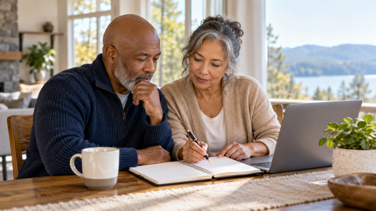 A mature couple reviewing a financial planning notebook together
