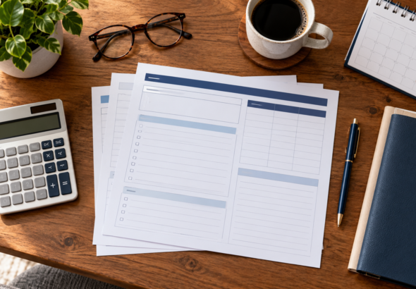 A calculator, calendar and blank tax organizer on a household desk