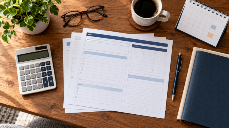 A calculator, calendar and blank tax organizer on a household desk